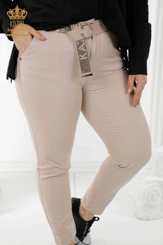 فروش عمده شلوار جین زنانه بژ کمربند - 3468 | KAZEE