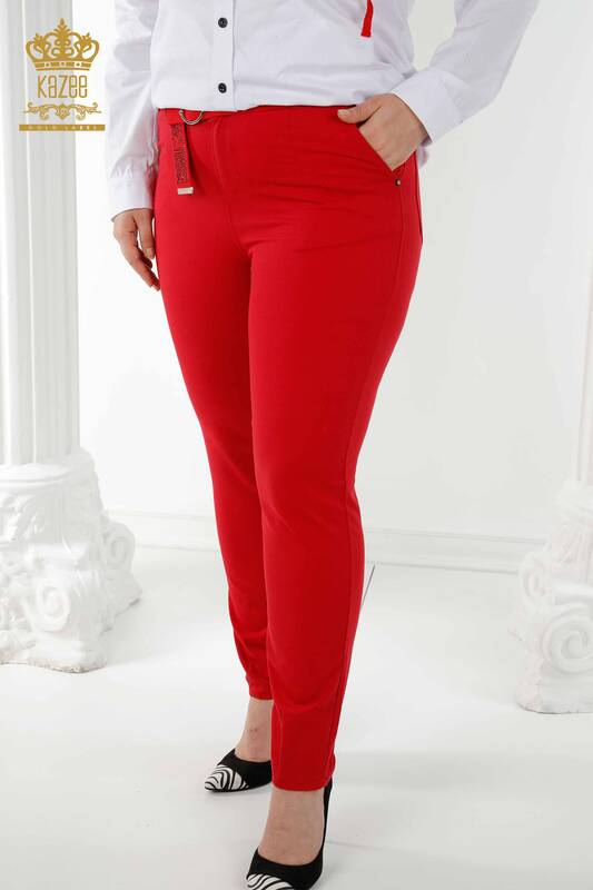 فروش عمده شلوار جین زنانه - کمربند - قرمز - 3468 | KAZEE