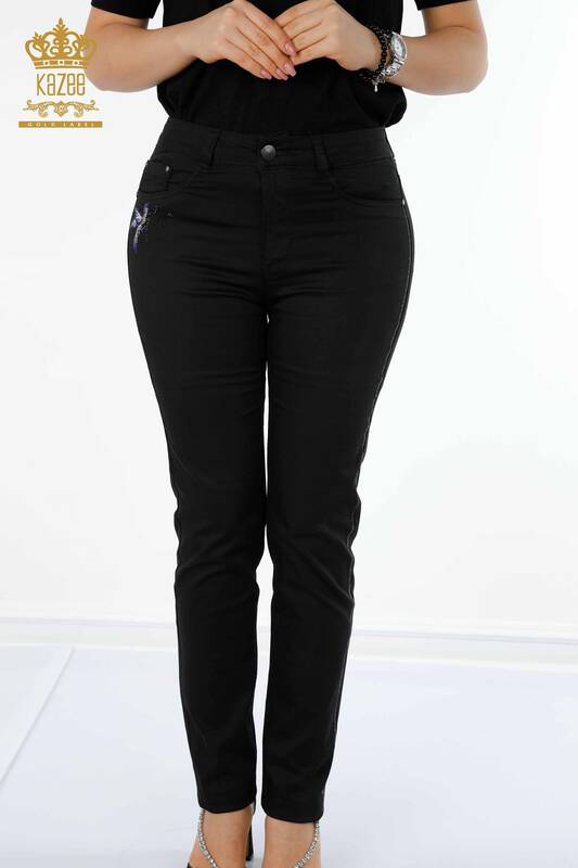 فروش عمده شلوار جین زنانه - طرح پرنده - مشکی - 3603 | KAZEE