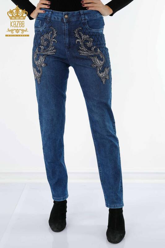 فروش عمده شلوار جین زنانه - طرح دار - سنگ دوزی - خط مشروح - 3542 | KAZEE