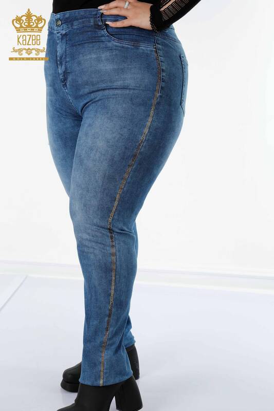 فروش عمده شلوار جین زنانه - راه راه - سنگ دوزی رنگی - آبی - 3567 | KAZEE