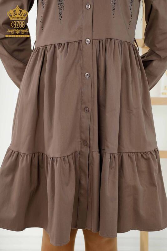 فروش عمده لباس زنانه - دکمه دار - سنگ دوزی - قهوه ای - 20229 | KAZEE