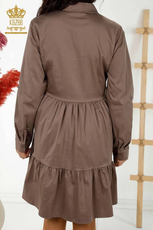 فروش عمده لباس زنانه - دکمه دار - سنگ دوزی - قهوه ای - 20229 | KAZEE