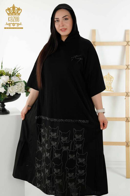 فروش عمده لباس زنانه - طرح گربه - کلاه دار - مشکی - 20330 | KAZEE