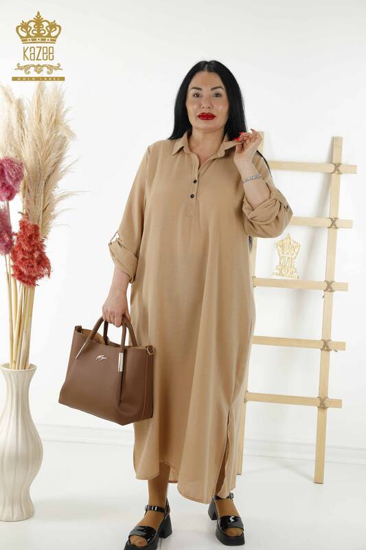 فروش عمده لباس زنانه نیم دکمه بژ - 20385 | KAZEE