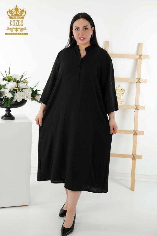 فروش عمده لباس زنانه - جزییات نیم دکمه - مشکی - 20384 | KAZEE