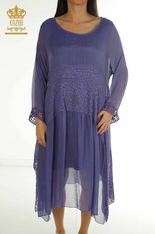 Wholesale Women's Dress - Lace Detail - Purple - 2404-9796 | D