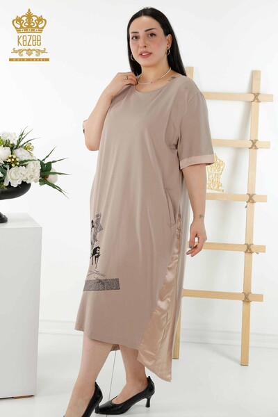 فروش عمده لباس زنانه - جزییات چرم - جیب - بژ - 20366 | KAZEE - Thumbnail