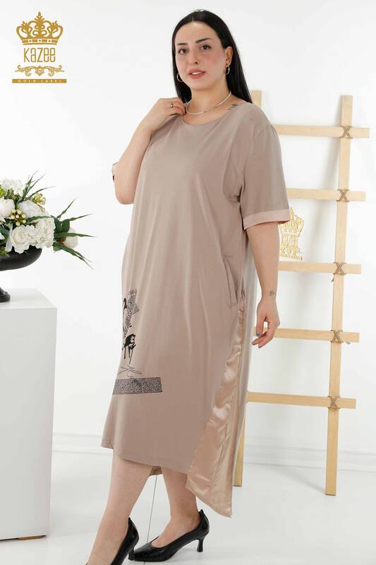 فروش عمده لباس زنانه - جزییات چرم - جیب - بژ - 20366 | KAZEE