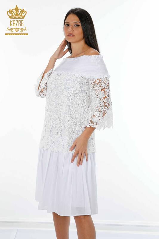 فروش عمده لباس زنانه - توری با جزئیات - اکرو - 17175 | KAZEE