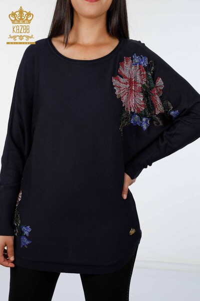 فروش عمده لباس بافتنی زنانه آستین خفاشی گل سنگ دوزی شده - 16190 | KAZEE - Thumbnail