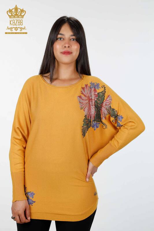 فروش عمده لباس بافتنی زنانه آستین خفاشی گل سنگ دوزی شده - 16190 | KAZEE