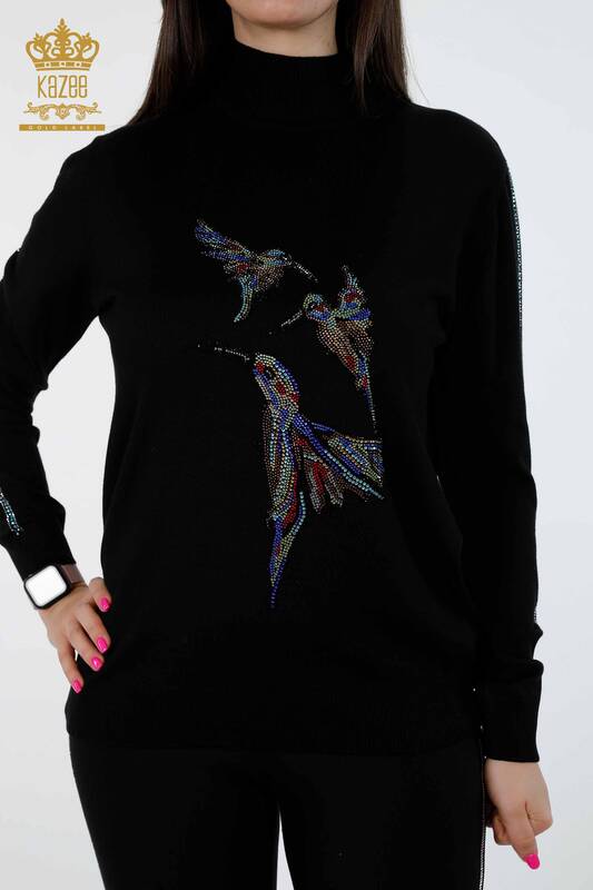 فروش عمده لباس بافتنی زنانه - مدل پرنده - یقه یقه اسکی - سنگ دوزی - 16459 | KAZEE