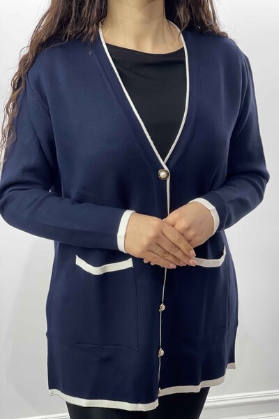 فروش عمده ژاکت بافتنی زنانه - مروارید - دکمه دار - دو جیب - 16148 | KAZEE - Thumbnail