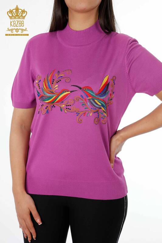 فروش عمده لباس بافتنی زنانه - رنگارنگ - طرح پرنده - مدل آمریکایی - سنگ دوزی - 16690 | KAZEE