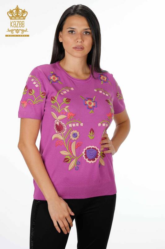 فروش عمده پلیور زنانه - طرح گل رنگارنگ - سنگهای طرح آمریکایی - 16755 | KAZEE
