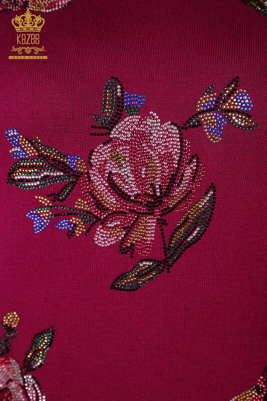 فروش عمده لباس بافتنی زنانه - رنگارنگ - سنگ دوزی - طرح گل - آستین بلند - 16981 | KAZEE