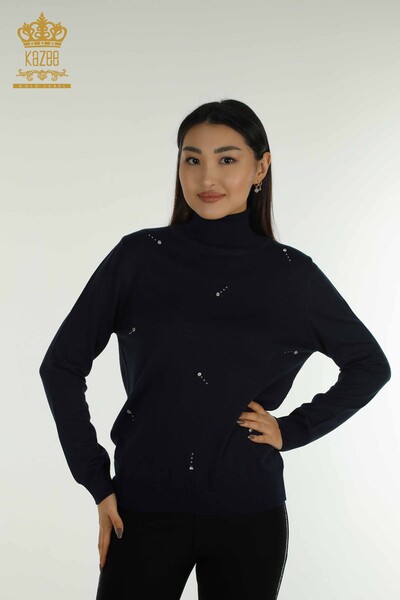 Kazee - فروش عمده لباس بافتنی زنانه - جزییات سنگی - آبی سرمه ای - 30113 | KAZEE
