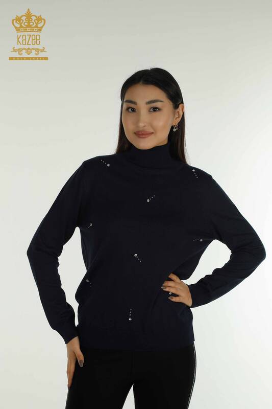 فروش عمده لباس بافتنی زنانه - جزییات سنگی - آبی سرمه ای - 30113 | KAZEE