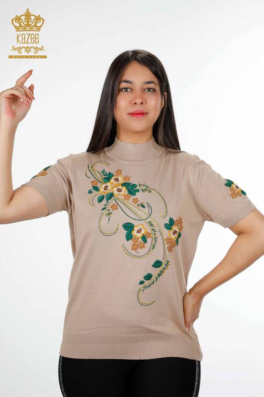 فروش عمده لباس بافتنی زنانه - گل دوزی - یقه استند - مدل آمریکایی - 16811 | KAZEE