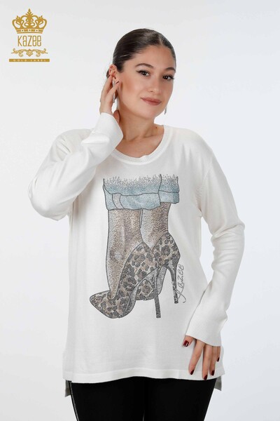 فروش عمده لباس بافتنی زنانه - آستین بلند - طرح دار - سنگ دوزی - 16623 | KAZEE - Thumbnail
