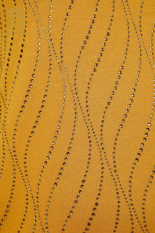 فروش عمده لباس بافتنی زنانه - آستین کوتاه - جزییات راه راه - سنگ دوزی - یقه پایه - 16718 | KAZEE