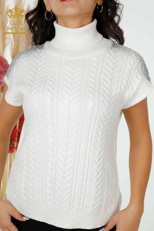 Wholesale Women's Knitwear Shoulder Crystal Stone Embroidered Ecru - 30097 | KAZEE