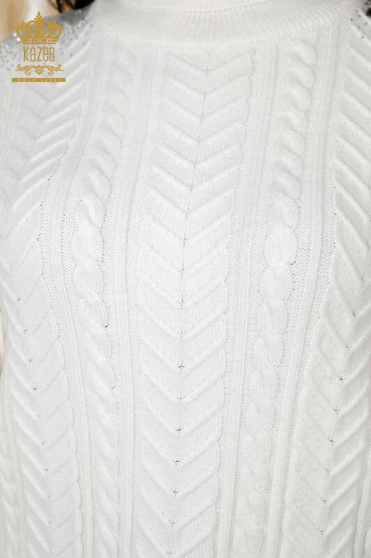 Wholesale Women's Knitwear Shoulder Crystal Stone Embroidered Ecru - 30097 | KAZEE