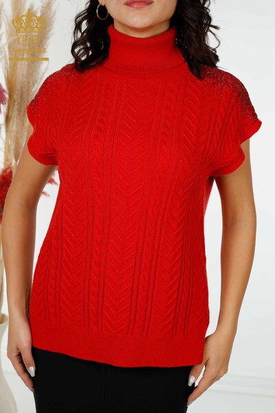 عمده فروشی لباس بافتنی زنانه سنگ کریستال شانه دوزی قرمز-30097 / کازی - Thumbnail