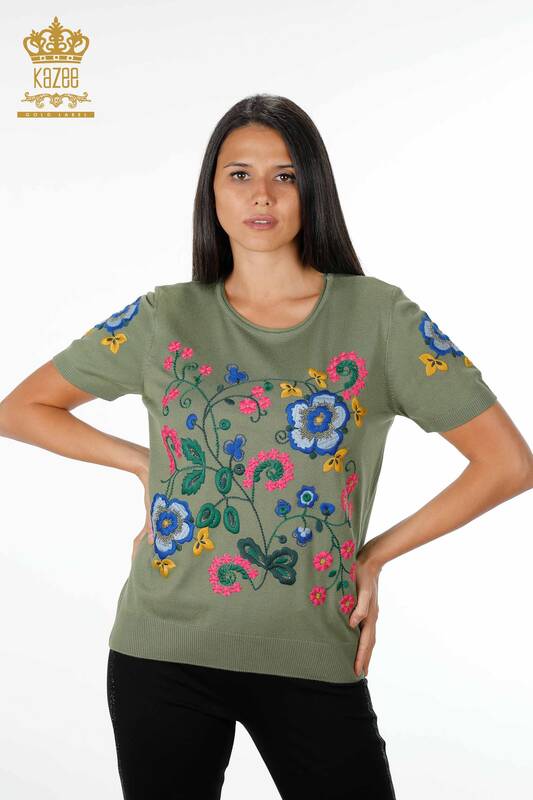 فروش عمده لباس بافتنی زنانه - جزییات آستین - گل دوزی - آستین کوتاه - سنگ دوزی - 16752 | KAZEE