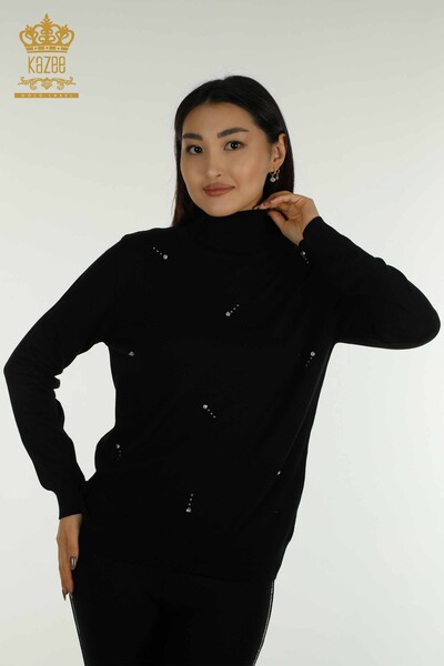 فروش عمده ژاکت بافتنی زنانه - جزئیات سنگی - مشکی - 30113 | KAZEE - Thumbnail
