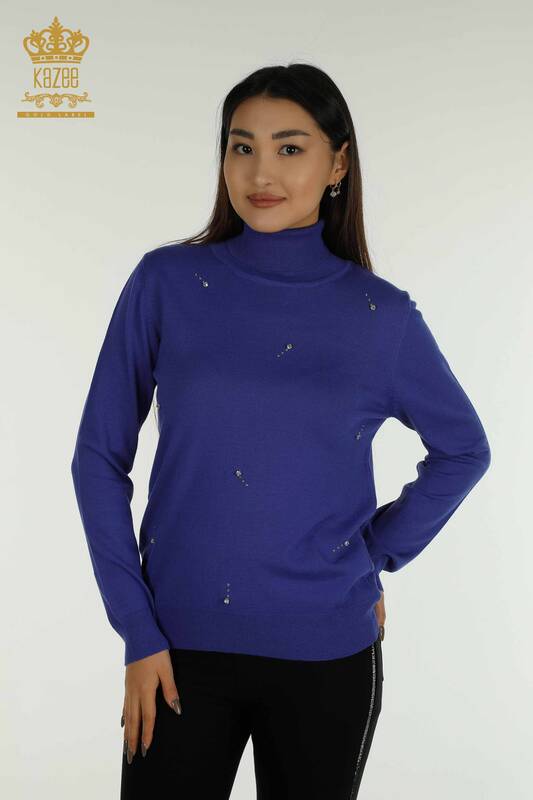 فروش عمده ژاکت بافتنی زنانه - جزییات سنگی - نیلی - 30113 | KAZEE