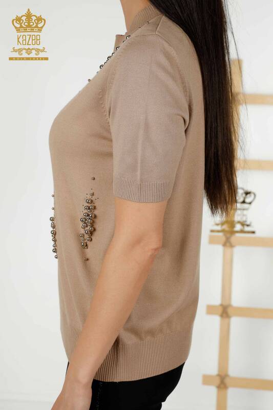 فروش عمده ژاکت بافتنی زنانه مدل سنگی آمریکایی بژ با جزئیات - 16929 | KAZEE