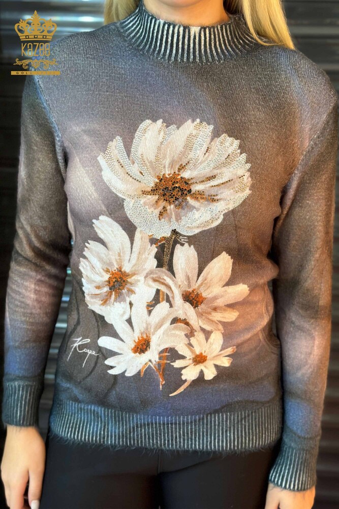 فروش عمده ژاکت بافتنی زنانه - آنگورا - چاپ دیجیتال - آبی سرمه ای - 18941 | KAZEE - 2