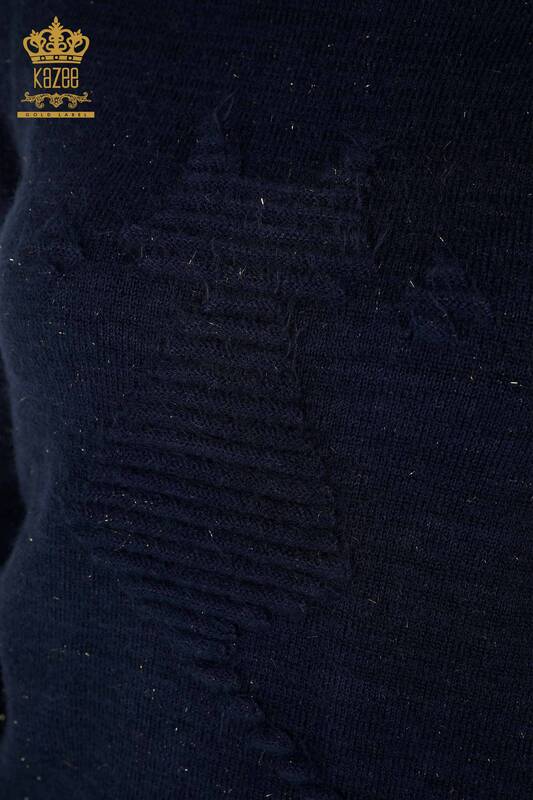 فروش عمده ژاکت بافتنی زنانه - آنگورا - یقه بلند - آبی سرمه ای - 19071 | KAZEE