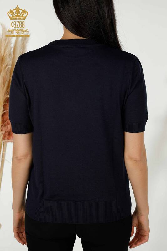 فروش عمده ژاکت بافتنی زنانه - پایه - دارای لوگو - آبی سرمه ای - 30254 | KAZEE