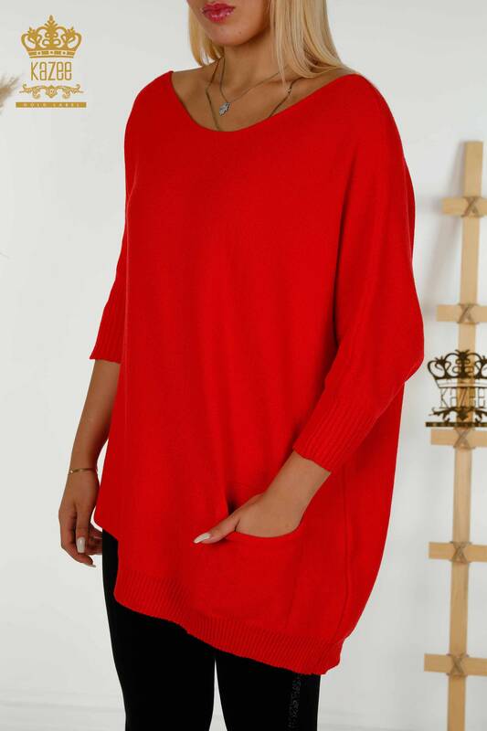 فروش عمده ژاکت بافتنی زنانه پایه جیبی قرمز - 30237 | KAZEE