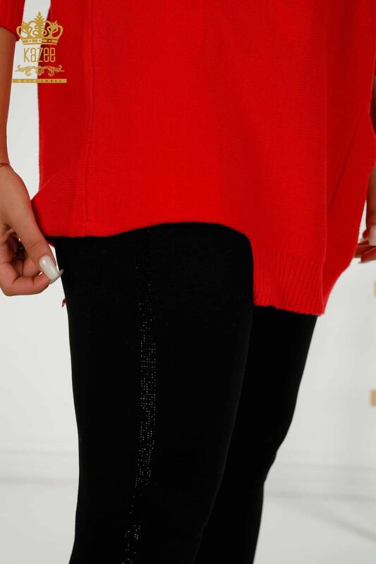 فروش عمده ژاکت بافتنی زنانه پایه جیبی قرمز - 30237 | KAZEE