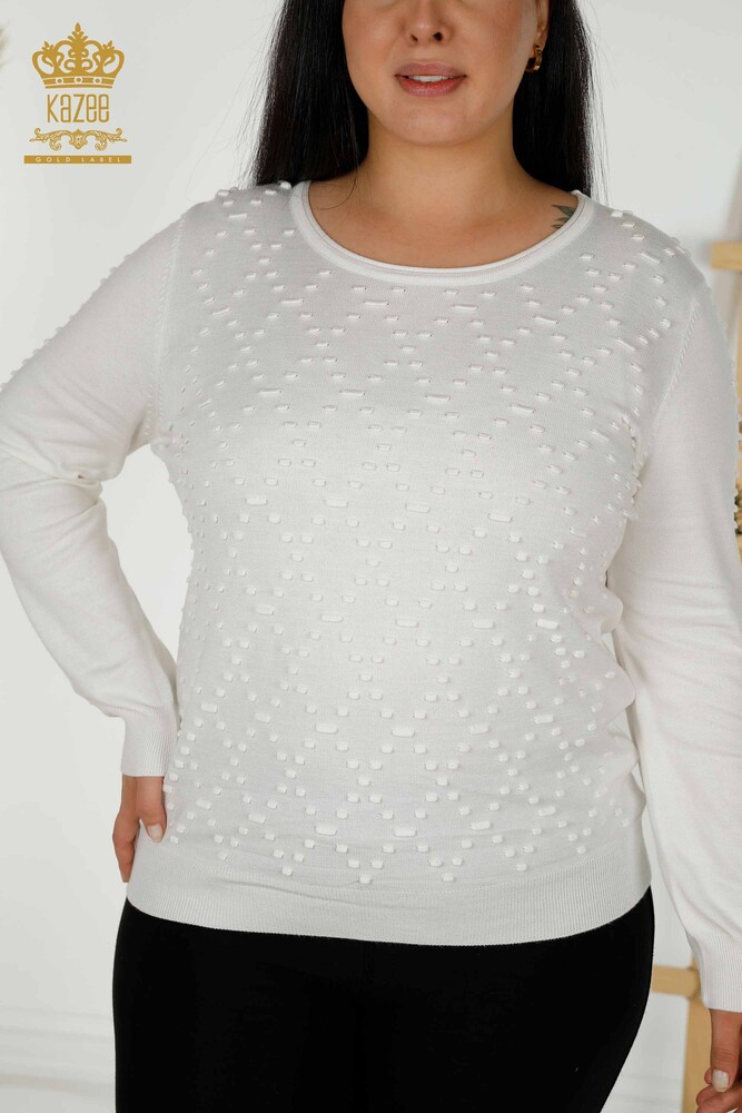 فروش عمده ژاکت بافتنی زنانه - یقه خدمه - Ecru - 30408 ​​| KAZEE - 3