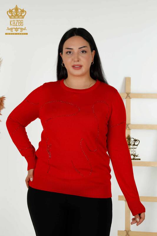فروش عمده ژاکت بافتنی زنانه - یقه خدمه - قرمز - 30157 | KAZEE
