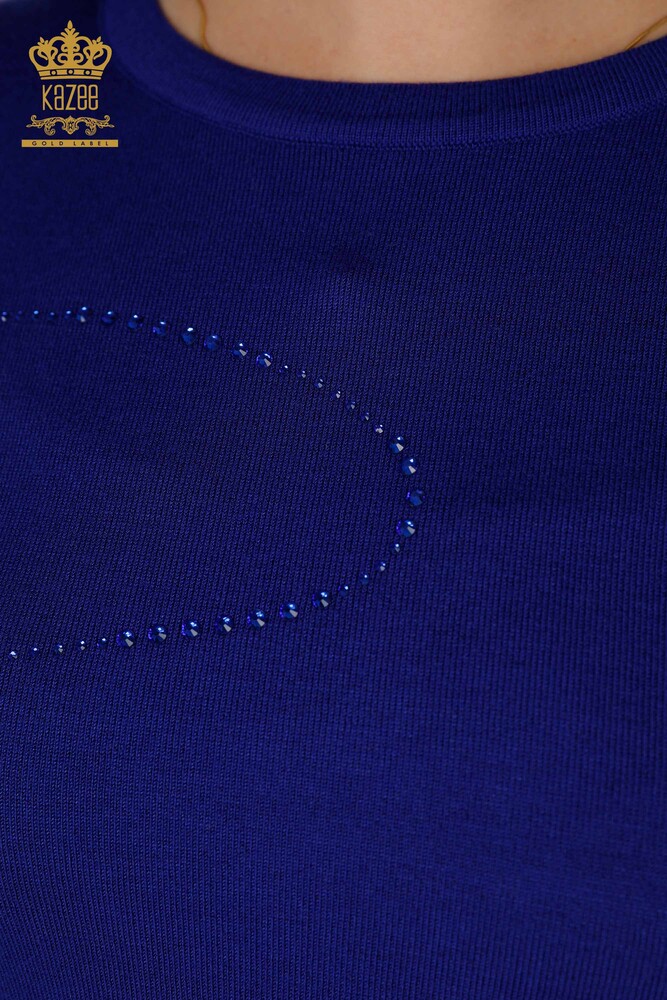 فروش عمده ژاکت بافتنی زنانه - یقه خدمه - ساکس - 30157 | KAZEE - 4