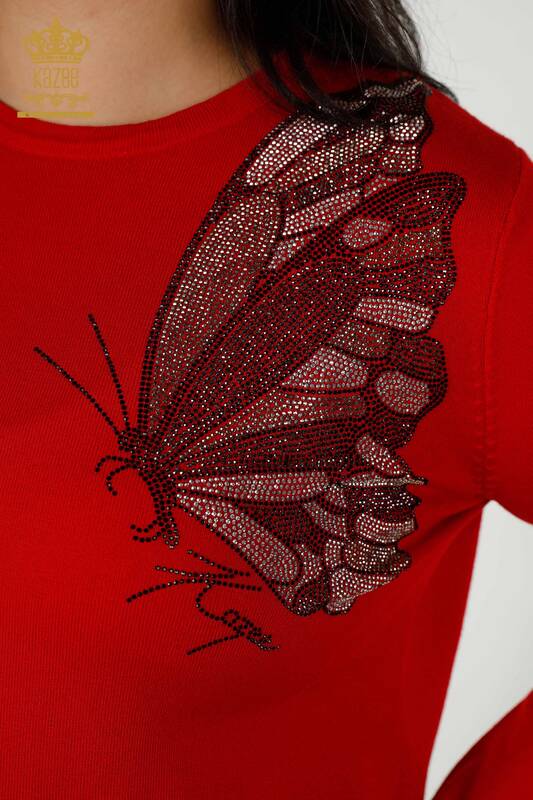 فروش عمده ژاکت بافتنی زنانه - طرح پروانه - قرمز - 16958 | KAZEE