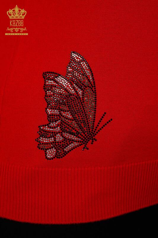 فروش عمده ژاکت بافتنی زنانه - طرح پروانه - قرمز - 16958 | KAZEE