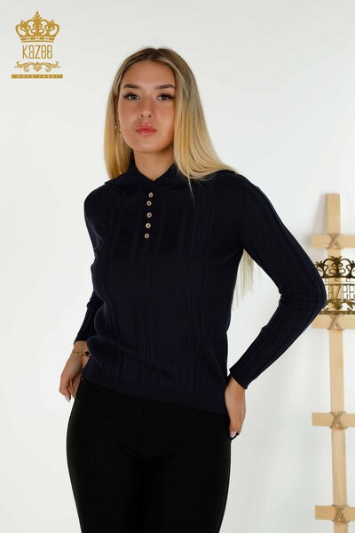 فروش عمده ژاکت بافتنی زنانه - دکمه دار - آبی سرمه ای - 30134 | KAZEE - Thumbnail