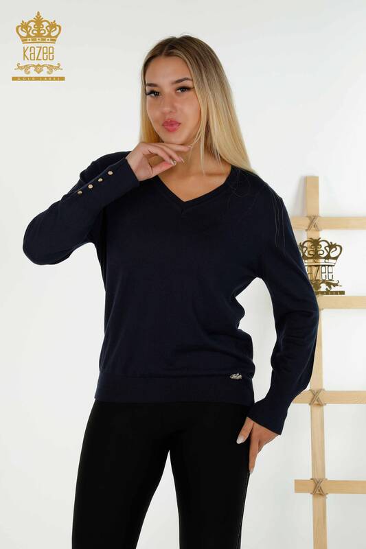 فروش عمده ژاکت بافتنی زنانه - دکمه دار - آبی سرمه ای - 30139 | KAZEE