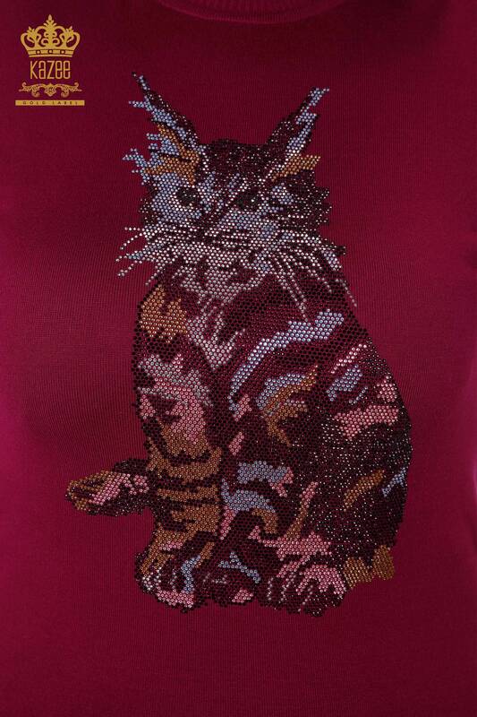 عمده فروشی ژاکت بافتنی زنانه با طرح گربه بنفش روشن - 16910 / کازی