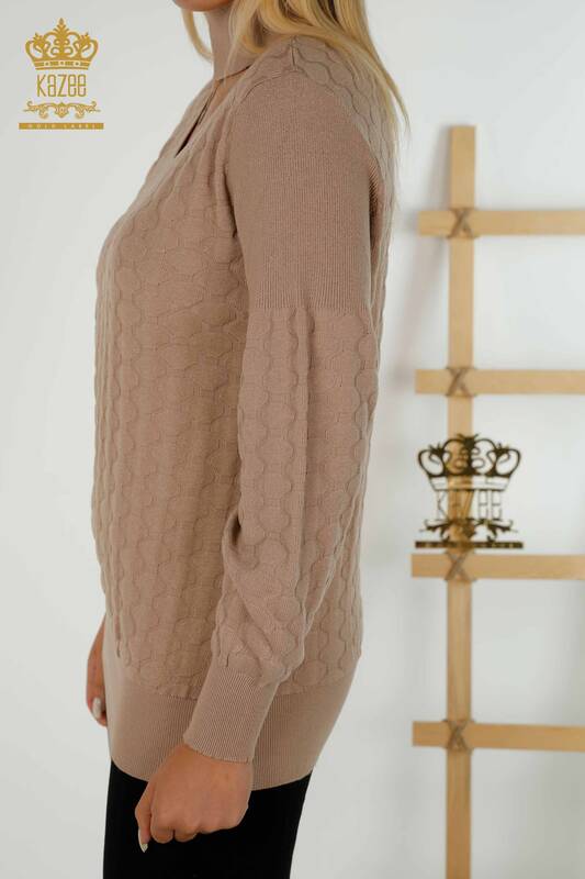 فروش عمده ژاکت بافتنی زنانه - یقه با جزئیات - بژ - 30363 | KAZEE