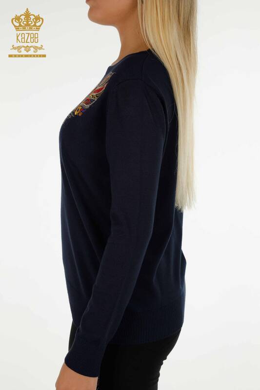 فروش عمده ژاکت بافتنی زنانه - گلدوزی رنگارنگ - سرمه ای - 30147 | KAZEE