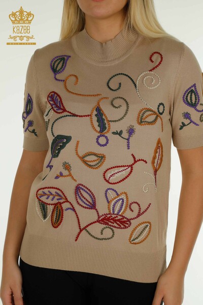 فروش عمده ژاکت بافتنی زنانه - طرح های رنگارنگ - بژ - 15844 | KAZEE - Thumbnail