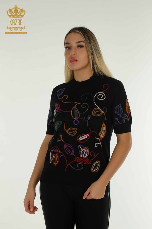 فروش عمده ژاکت بافتنی زنانه مشکی طرح دار رنگارنگ - 15844 | KAZEE